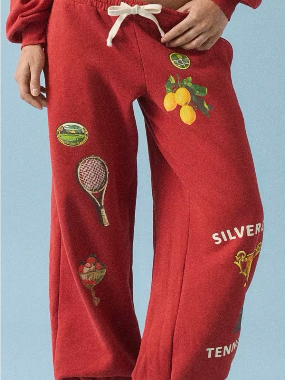 NWT Urban Outfitters Red Graphic Sweatpants with Tennis & Fruit Patches